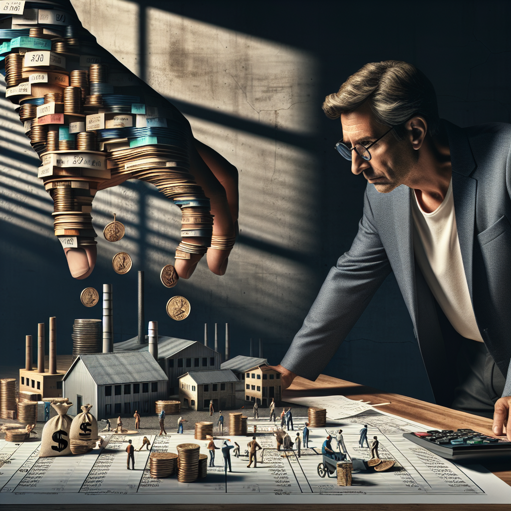 Geschäftsmann am Schreibtisch mit Steuerformularen, Taschenrechner und Münzen, GmbH-Unterlagen sichtbar