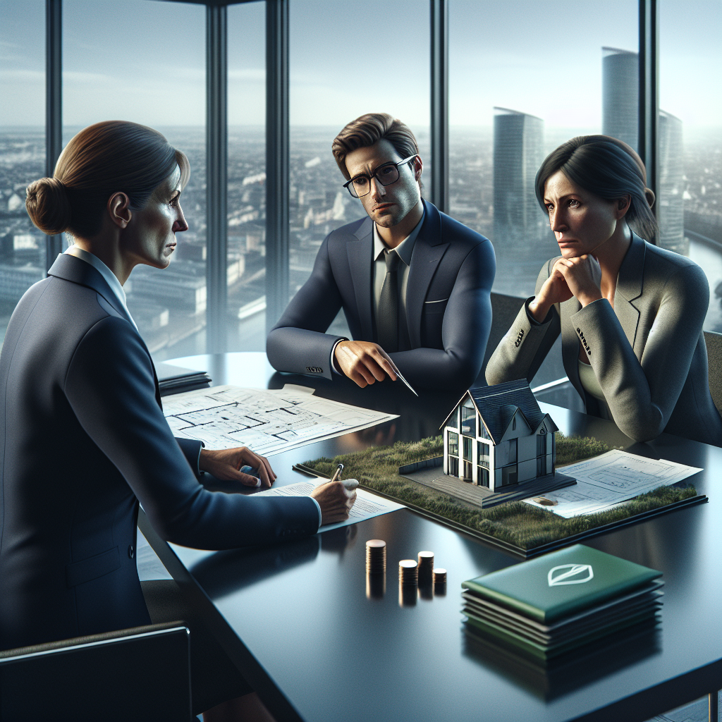 Unternehmer am Schreibtisch mit Finanzunterlagen, Hausmodell, Ratingdiagramm