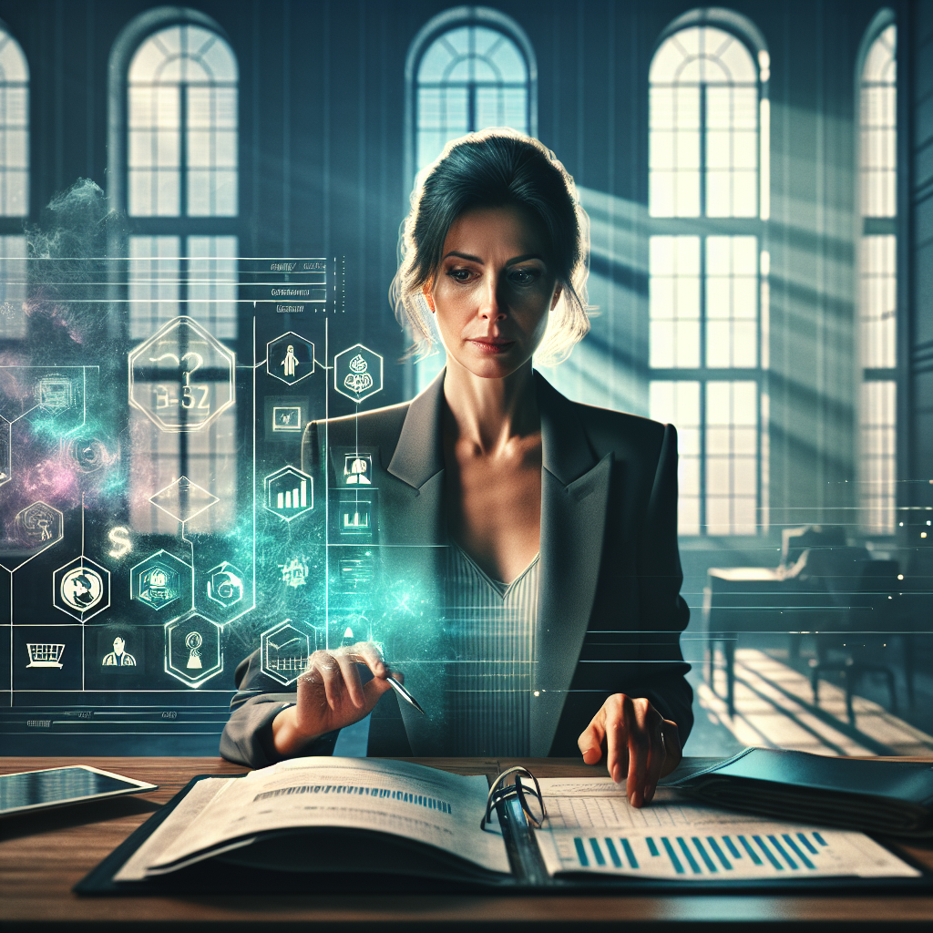 Geschäftsperson schaut auf digitales Dashboard mit Unternehmens‑Risikoscore und Finanzdaten