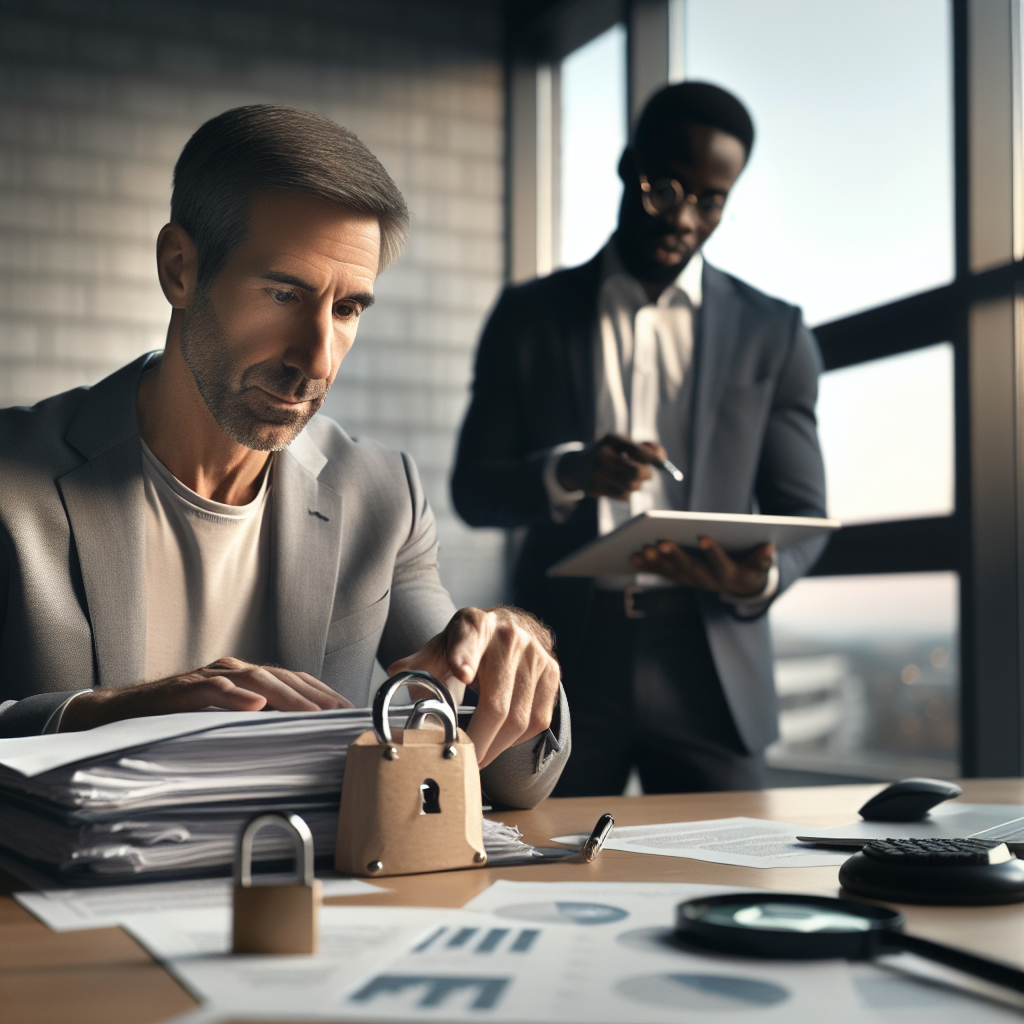 Unternehmer prüft Verträge und Kontoauszüge, Laptop mit EU-Flagge im Hintergrund