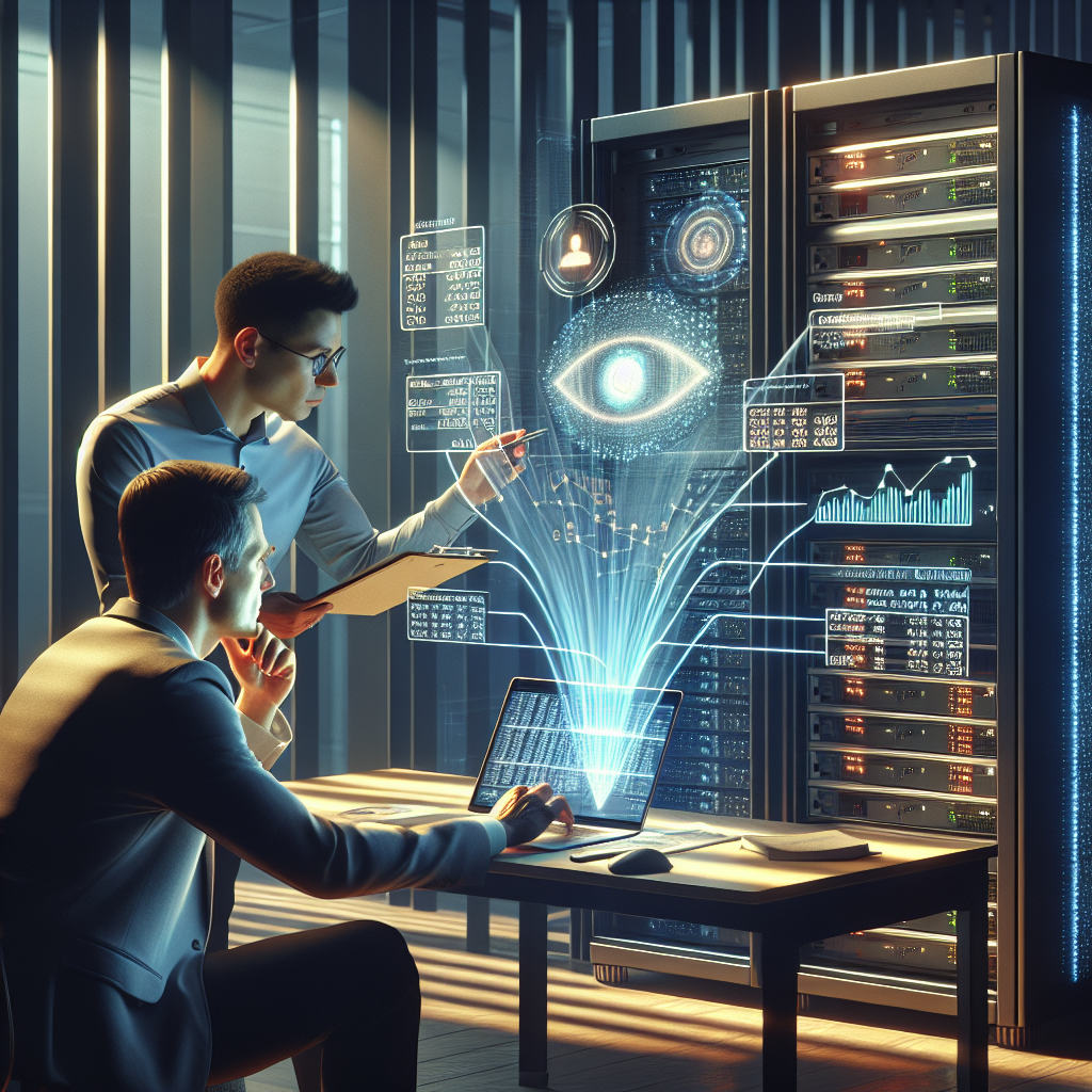 Server-Rack mit Lupe, KI-Icon und Cloud-Schutzschild