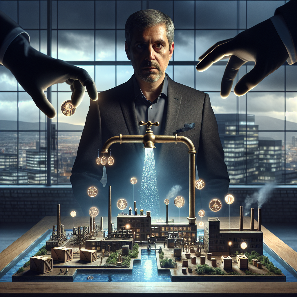 Besorgter Unternehmer am Laptop, daneben Grafik mit fallender Kreditlinie und Bankgebäude im Hintergrund