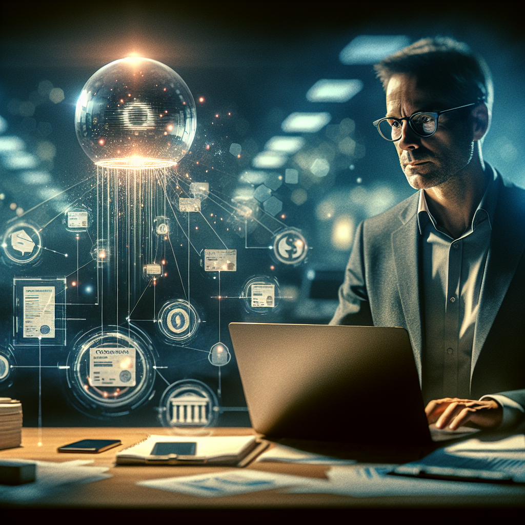 Laptop zeigt Geschäftskonto mit markierter Transaktion und Alarmmeldung 'Verdacht', Unternehmer prüft Unterlagen