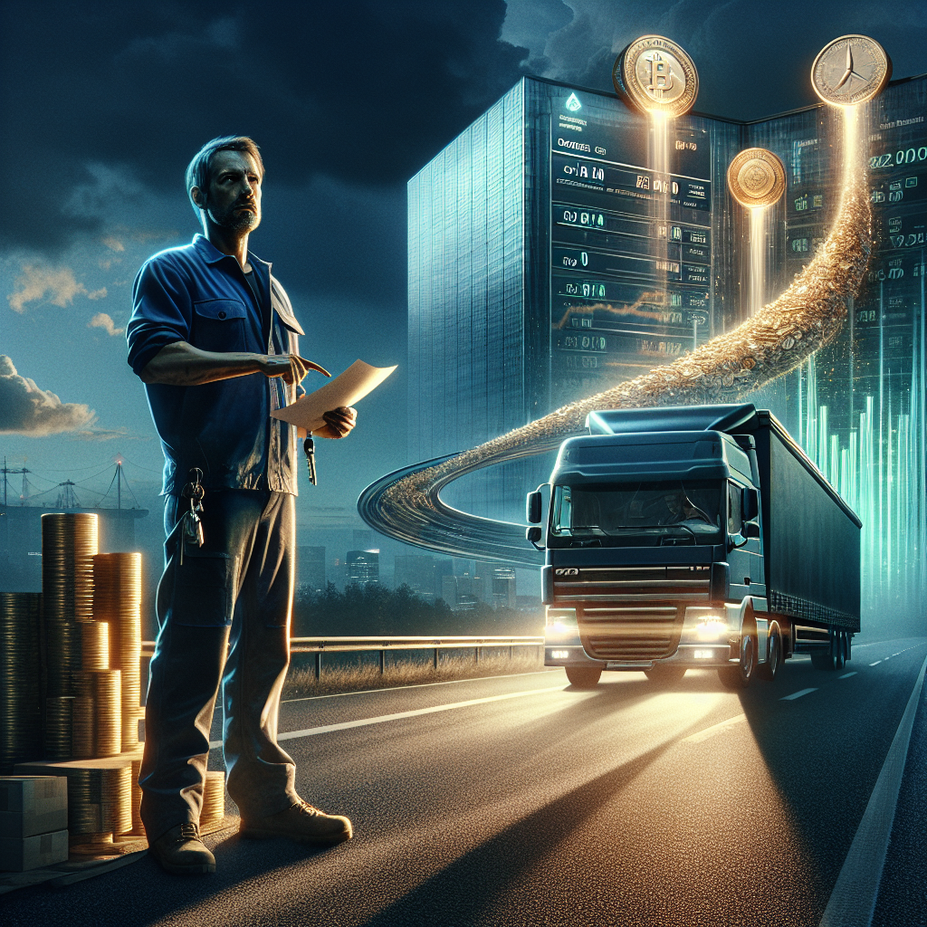 Unternehmer steht vor Bankgebäude mit Akten, besorgt um Mittelstandsfinanzierung