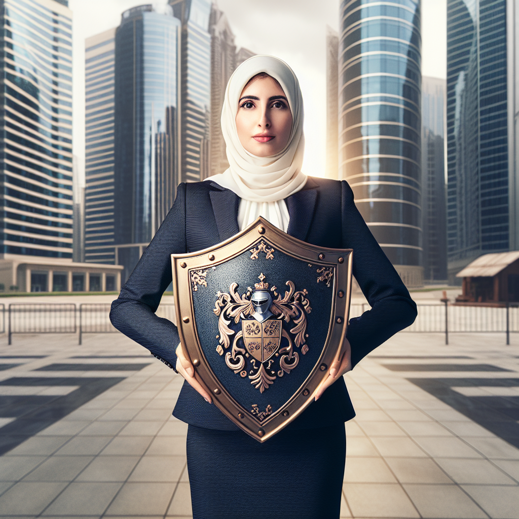 Geschäftsperson hält Schild vor Bürogebäude als Symbol für Firmenschutz und Vermögensschutz