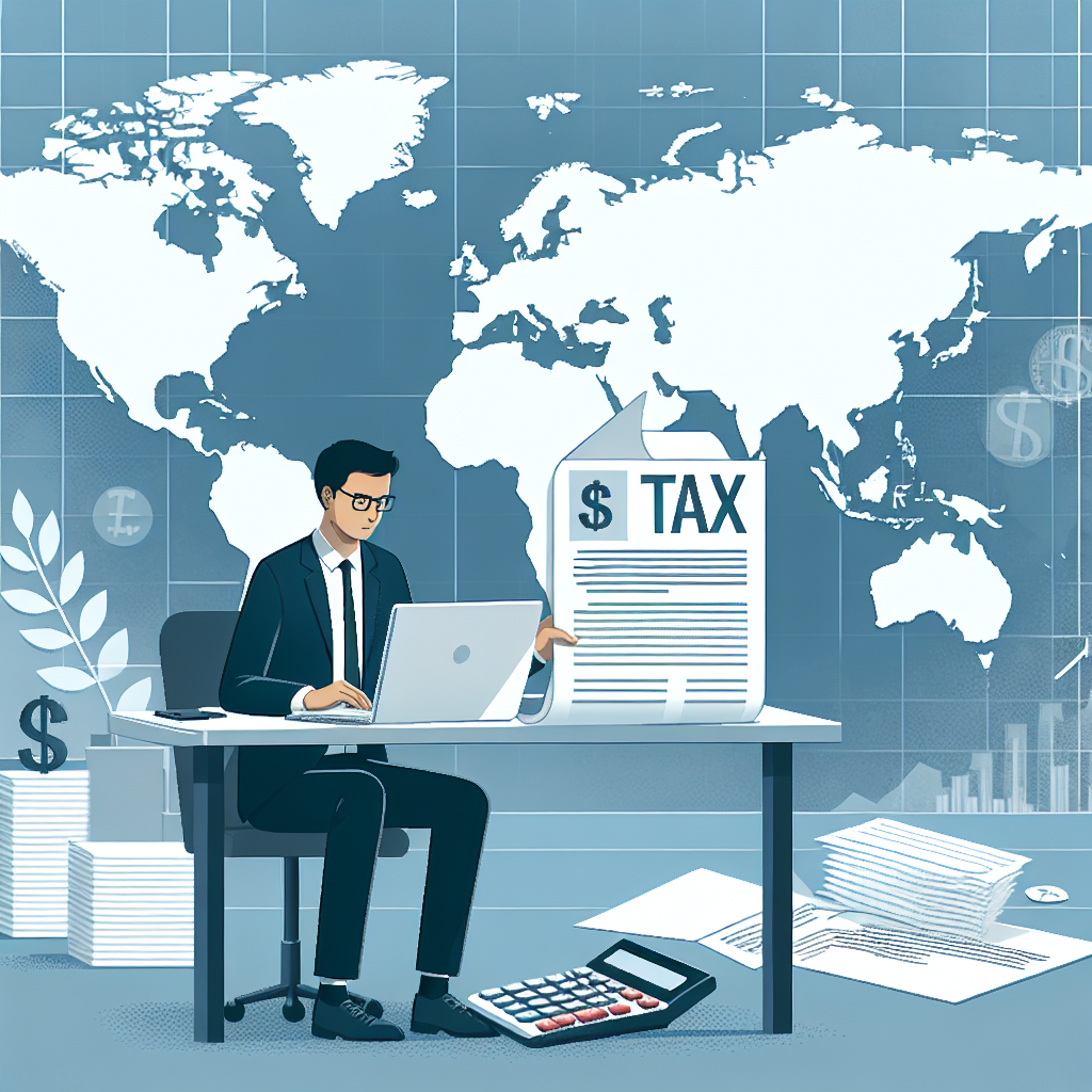 Unternehmer am Laptop mit Steuerdokumenten, Taschenrechner und Weltkarte zur internationalen Steueroptimierung