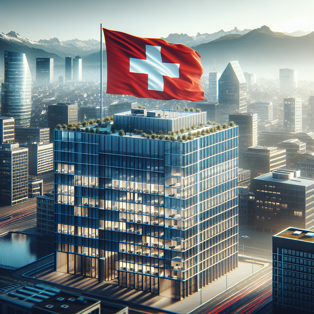 Bürogebäude in der Schweiz mit Schweizer Flagge im Vordergrund, symbolisiert Holding und Firmenstandort