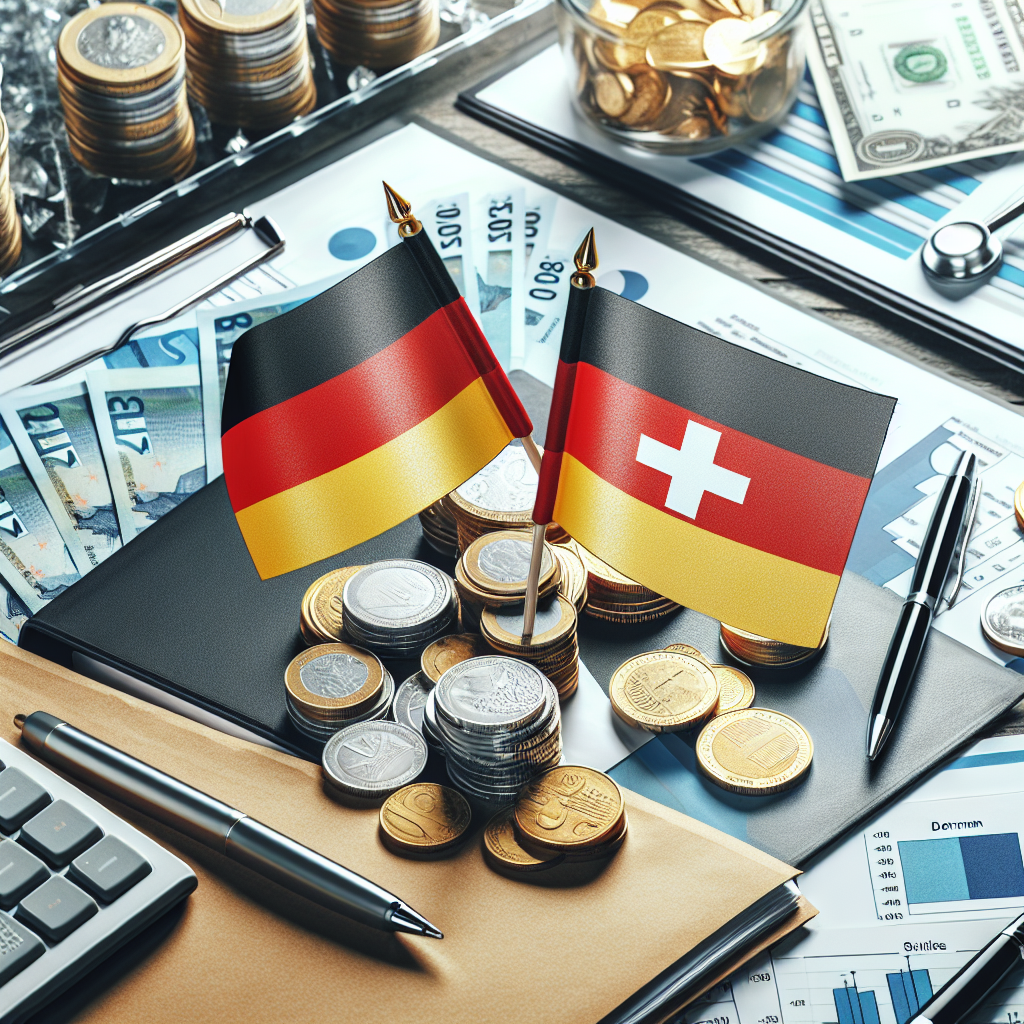 Deutsche und Schweizer Flaggen über Geschäftspapieren, Münzen und Aktenordner
