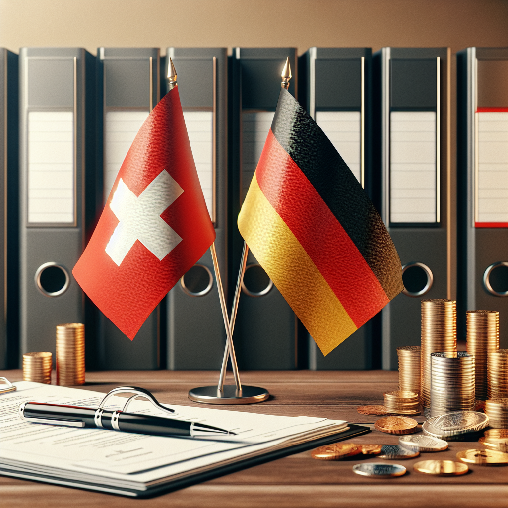 Schweizer und deutsche Flaggen neben Aktenordnern, Münzen und Stift auf Holztisch