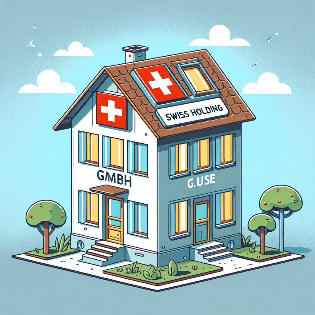 Illustration eines Hauses mit Erdgeschoss 'GmbH' und Dach 'Schweizer Holding', Wolken im Hintergrund