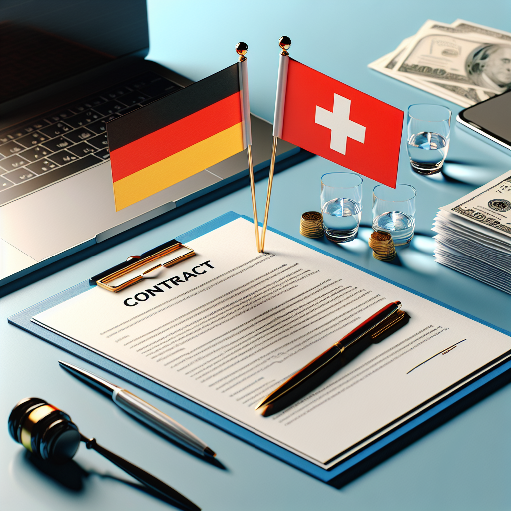 Deutsche und Schweizer Flaggen auf Schreibtisch neben Vertragsunterlagen und Laptop