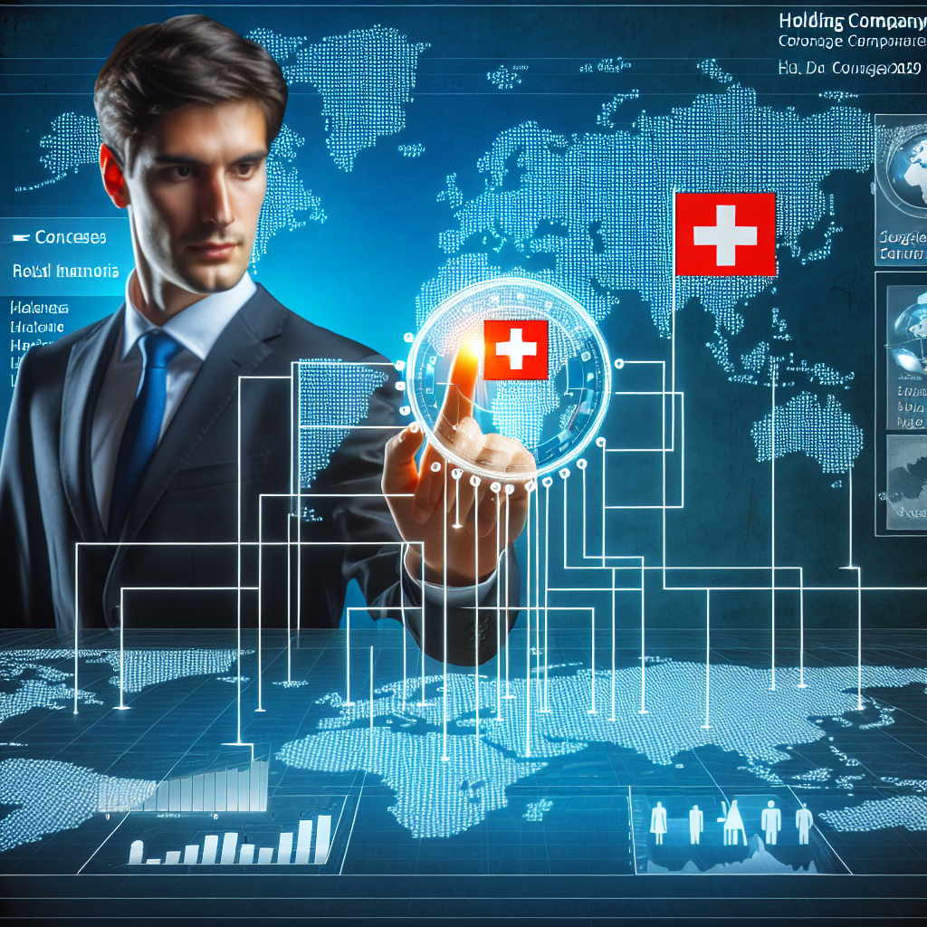 Person zeigt auf Weltkarte neben Schweizer Flagge und Holding-Strukturdiagramm