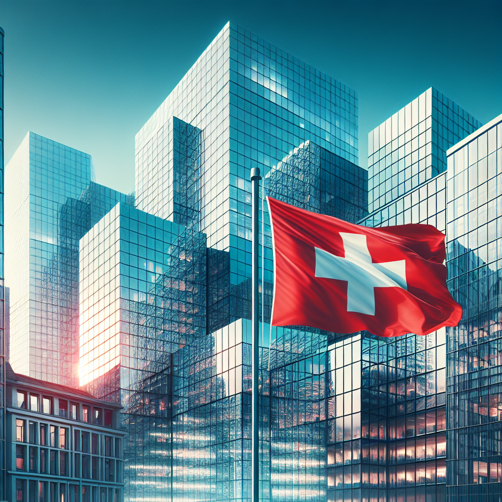Schweizer Flagge vor modernen Bürogebäuden mit Glasfassade bei blauem Himmel