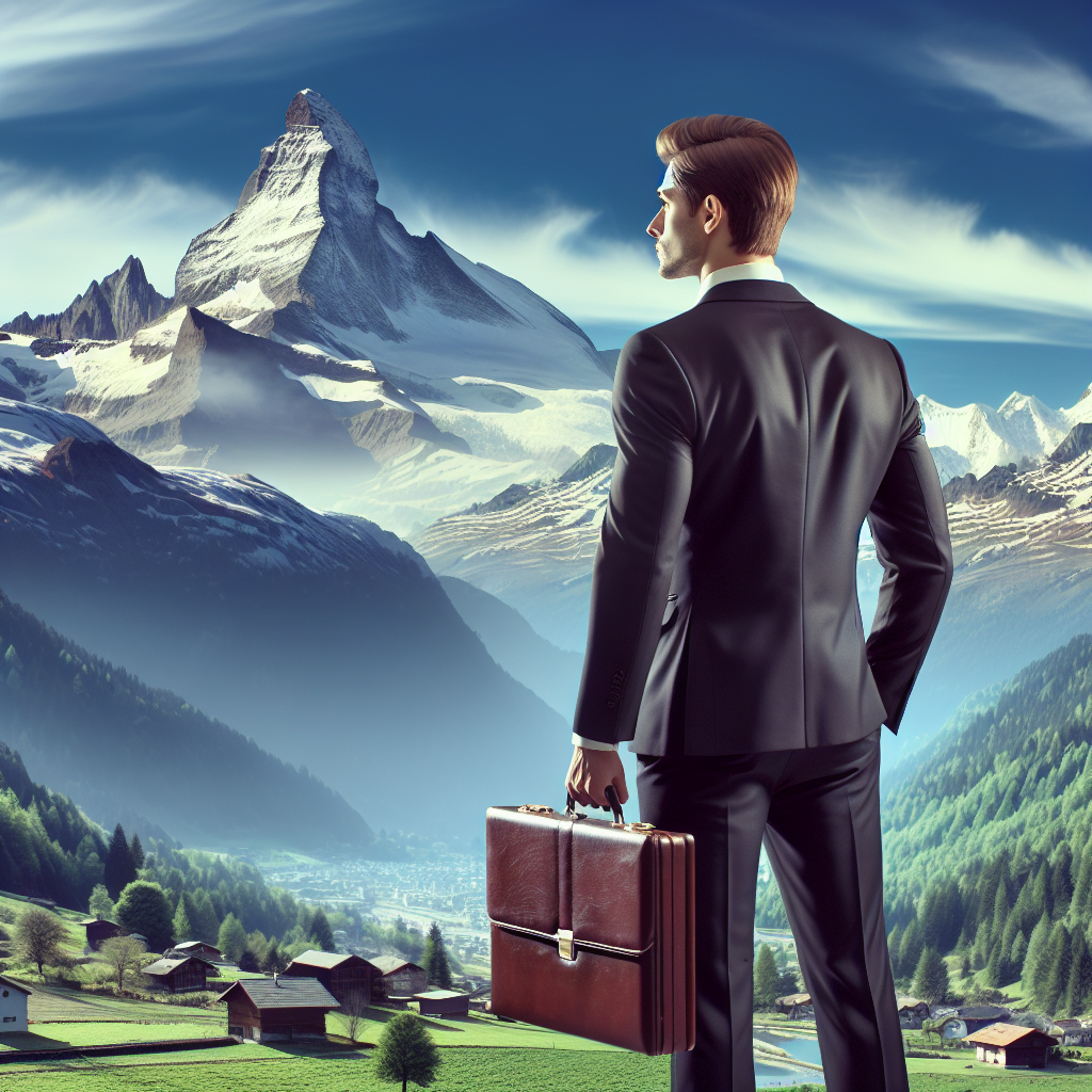 Deutscher Unternehmer mit Aktenkoffer vor Schweizer Alpen, Symbol für Vermögensschutz und Bankstabilität
