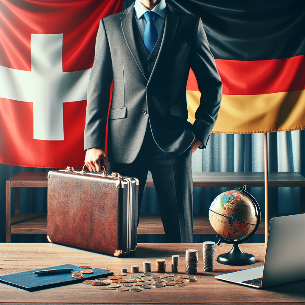 Geschäftsmann mit Akte vor Schweizer und deutschen Flaggen; Schreibtisch mit Laptop und Münzen