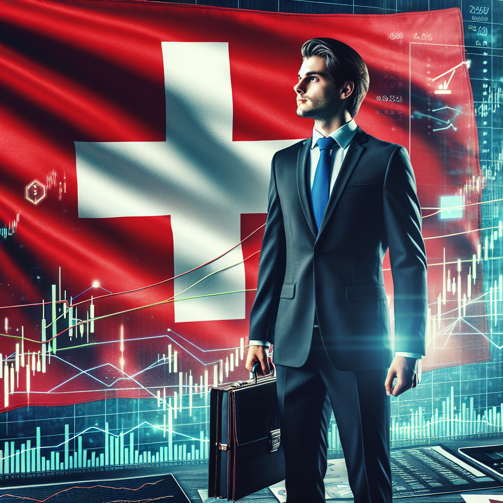 Unternehmer mit Aktenmappe vor Schweizer Flagge und Finanzdiagramm