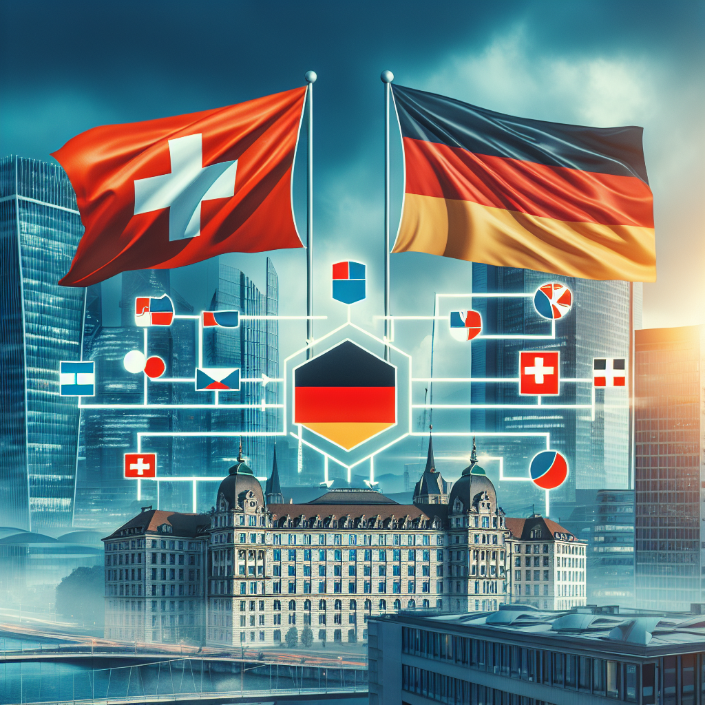 Schweizer und deutsche Flaggen über Bürogebäuden mit Holding-GmbH Diagramm