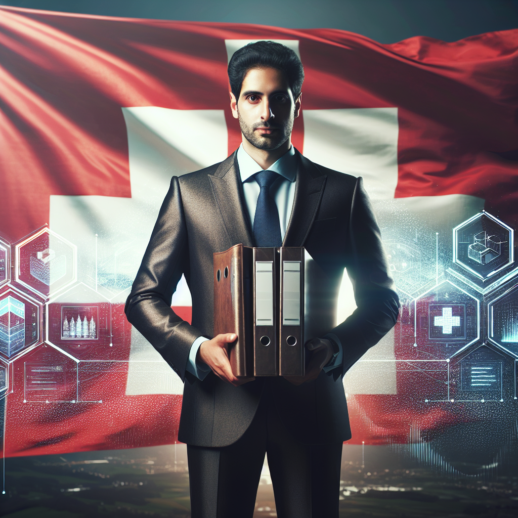 Geschäftsmann mit Akten vor Schweizer Flagge und digitalen Datenicons