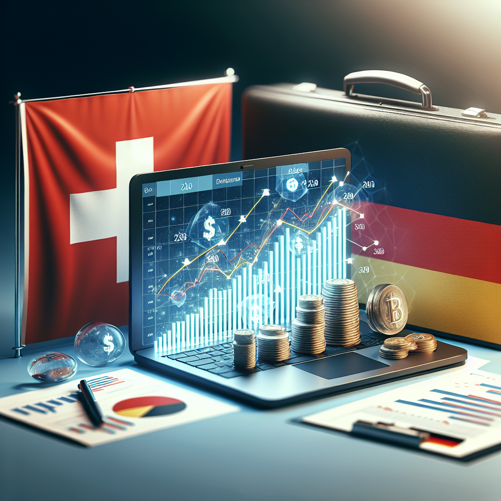 Laptop mit Diagramm bis 2030, Schweizer und deutsche Flagge, Aktenmappe