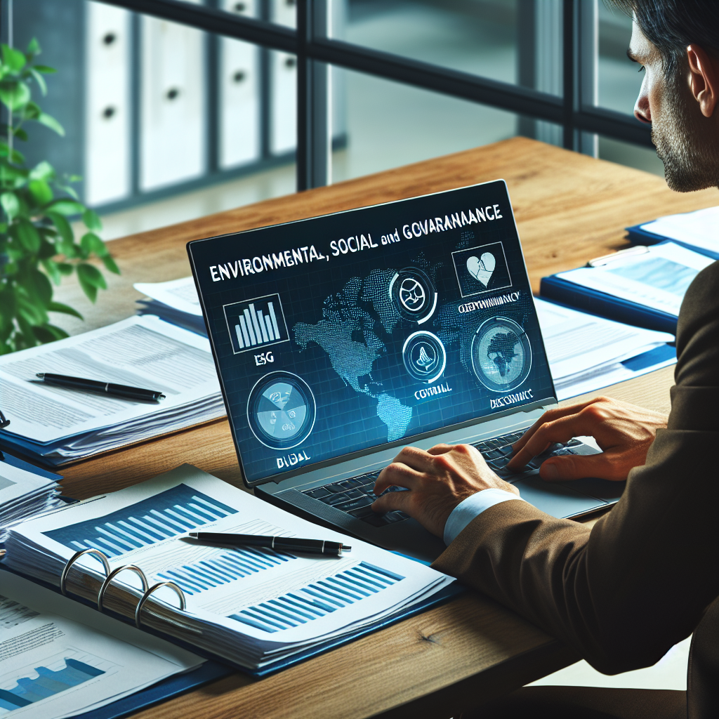 Manager prüft ESG‑Daten und CSRD‑Notizen vor Bankgespräch, Laptop und Ordner sichtbar.