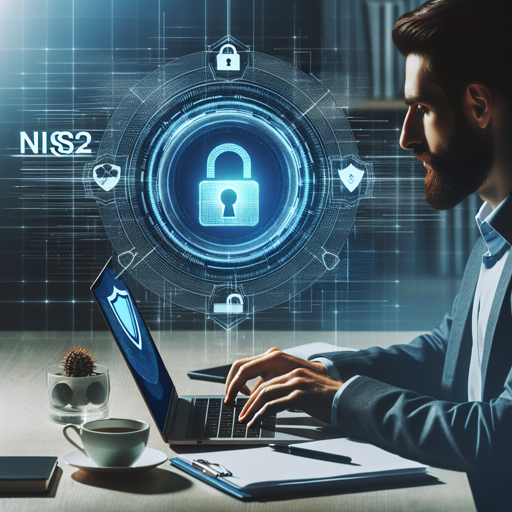 Geschäftsführer am Laptop mit digitalem Schloss und Schild als Symbol für NIS2 Cybersicherheit