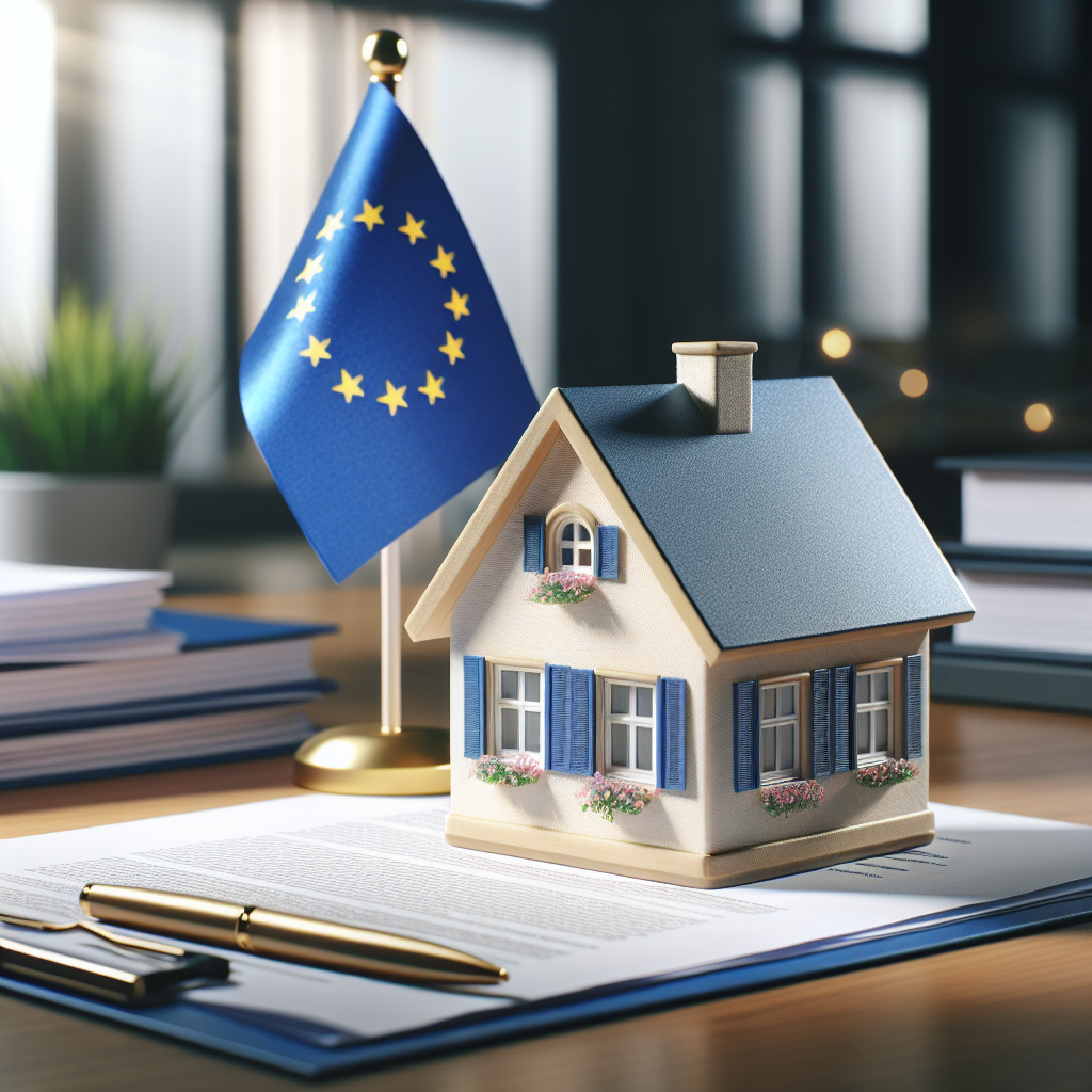 Hausmodell neben EU-Flagge und Dokumenten auf Schreibtisch