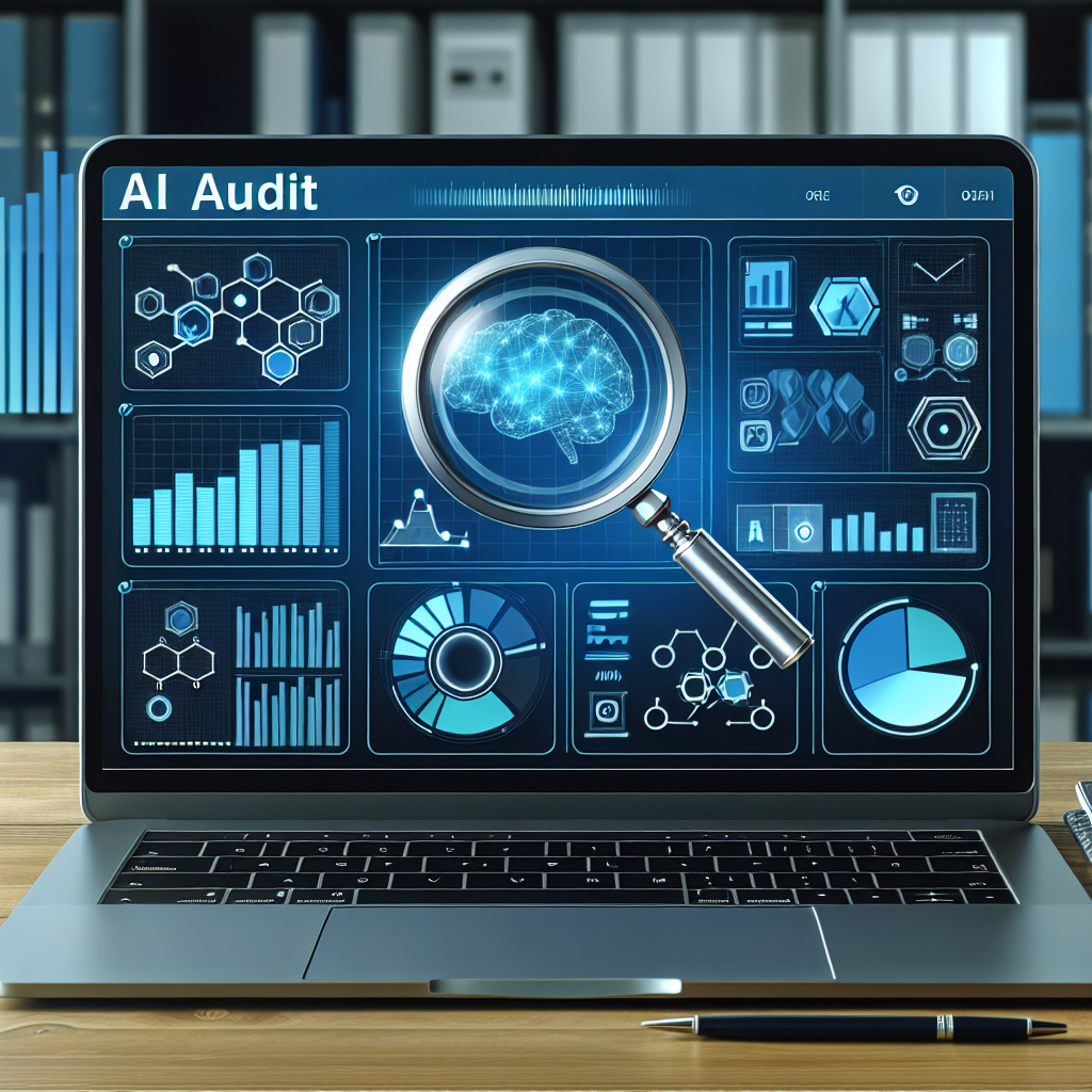 Laptopbildschirm mit KI-Audit-Dashboard, Diagrammen und Lupe als Prüf-Icon