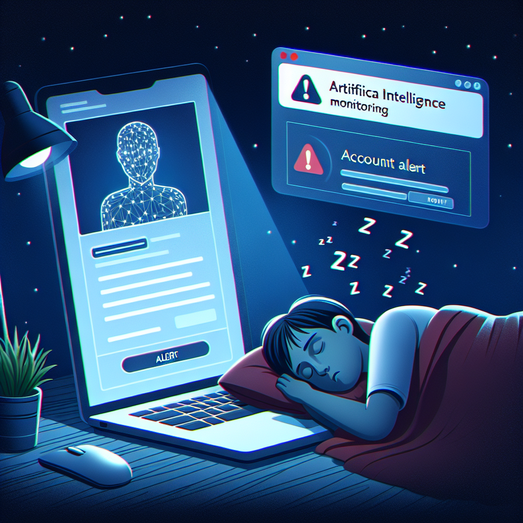 Schlafende Person vor Laptop, Bildschirm zeigt Kontoalarm und KI-Überwachungsanzeige