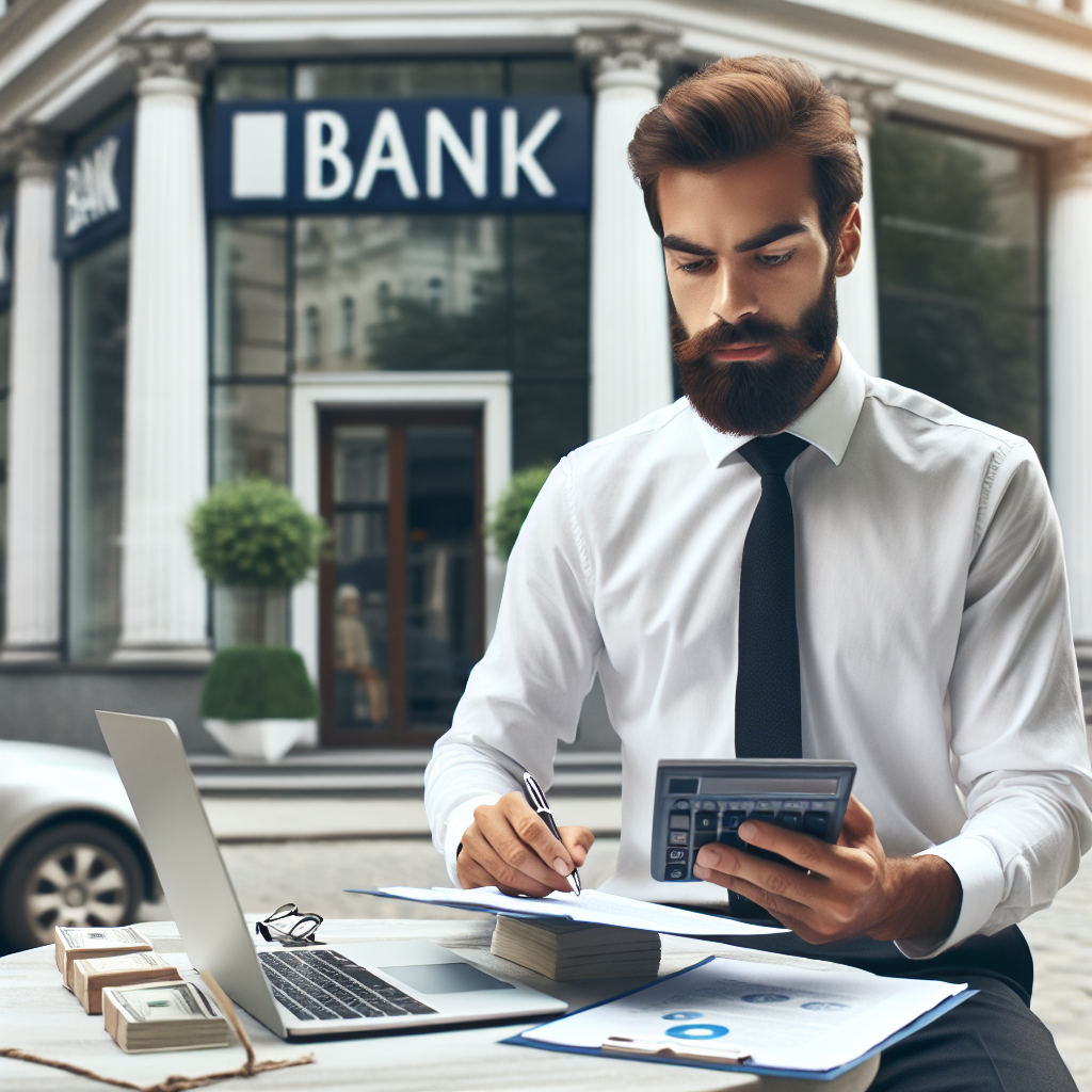 Unternehmer liest Kreditdokumente mit Taschenrechner vor Bankgebäude