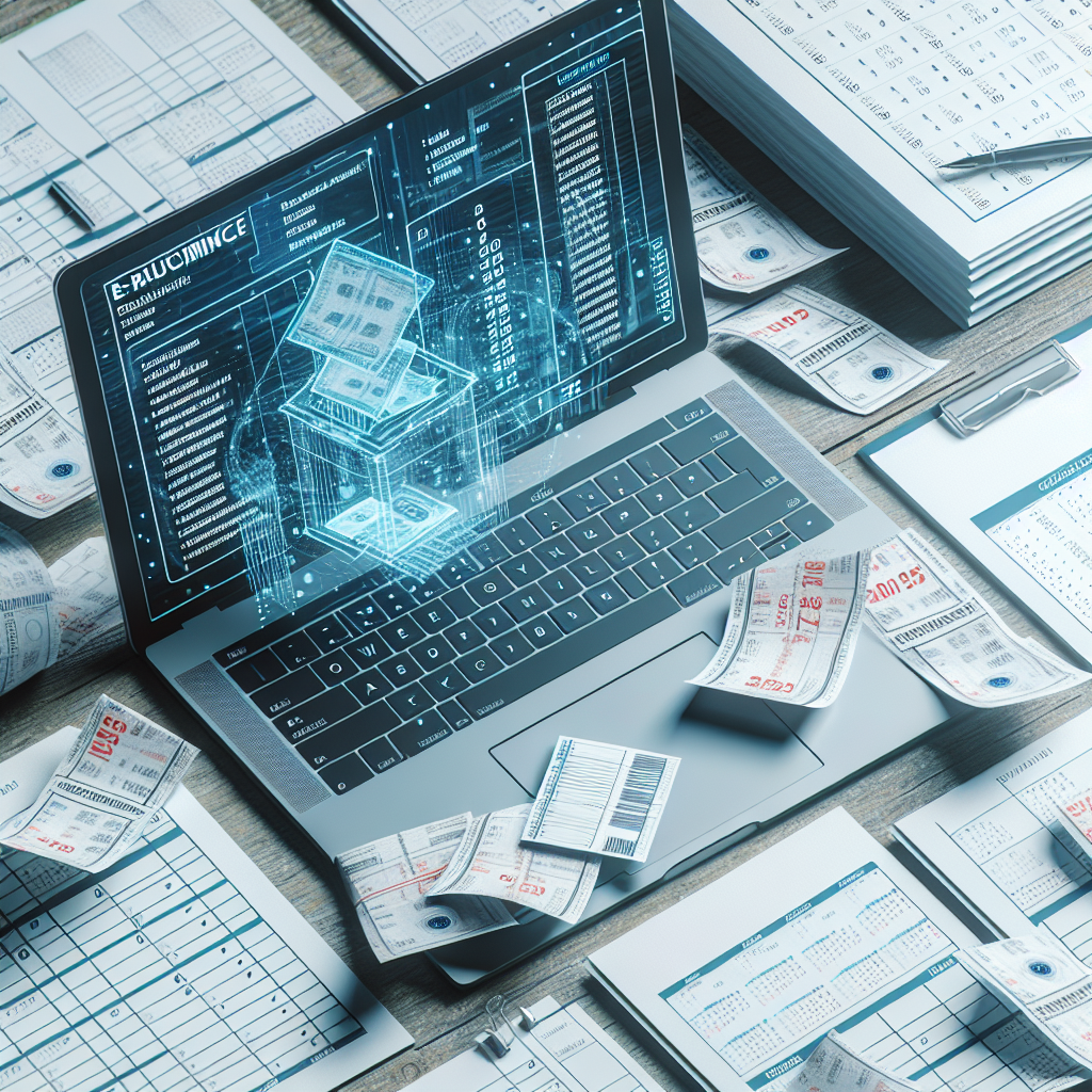 Laptopbildschirm mit strukturierter E‑Rechnung, Papierbelege und Kalender mit 2025