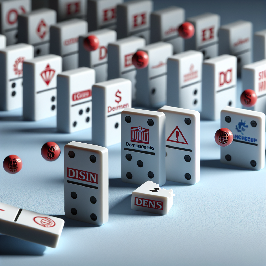 Reihe fallender Dominosteine mit kleinen Firmen-Icons, symbolisiert Lieferkettenrisiko und Bonitätsgefahr