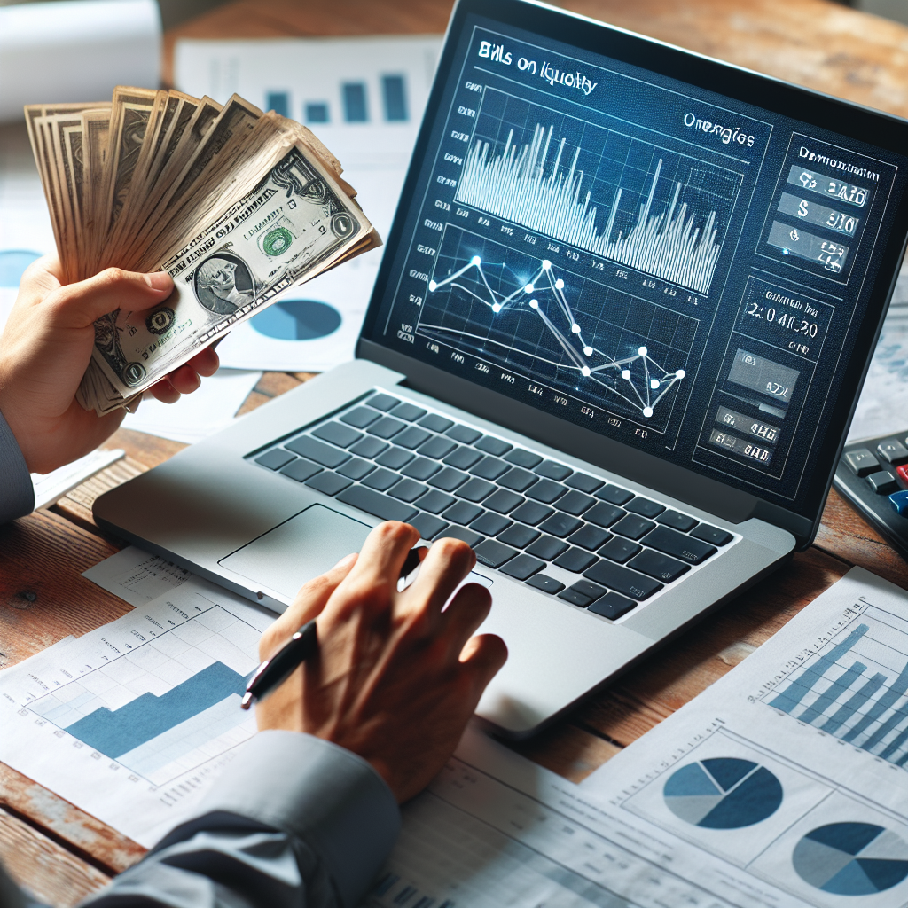 Geschäftsperson analysiert Rechnungen und Liquiditätsdiagramme am Laptop