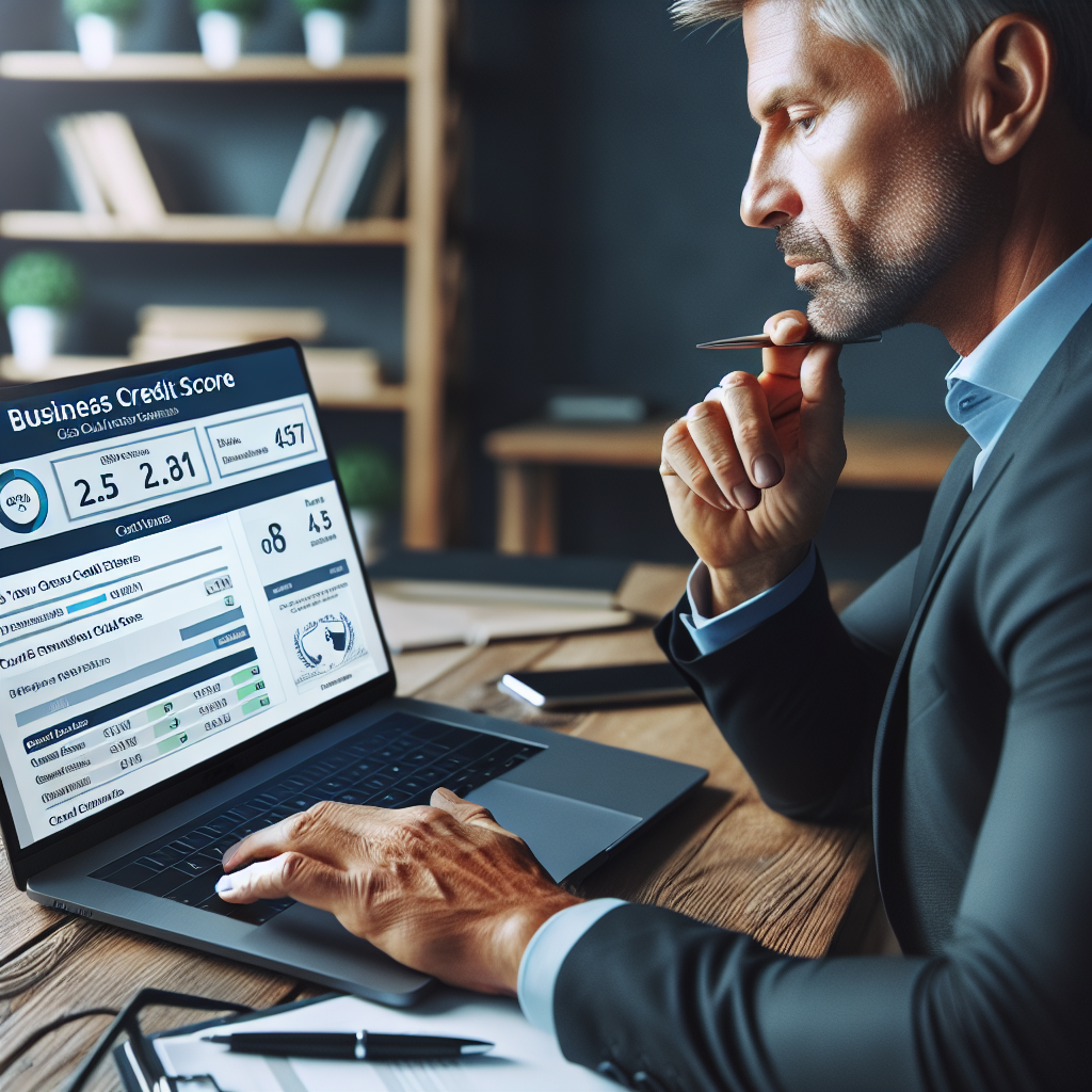 Unternehmer am Laptop, Bildschirm zeigt Unternehmens-Schufa/Risikoscore und Kreditunterlagen