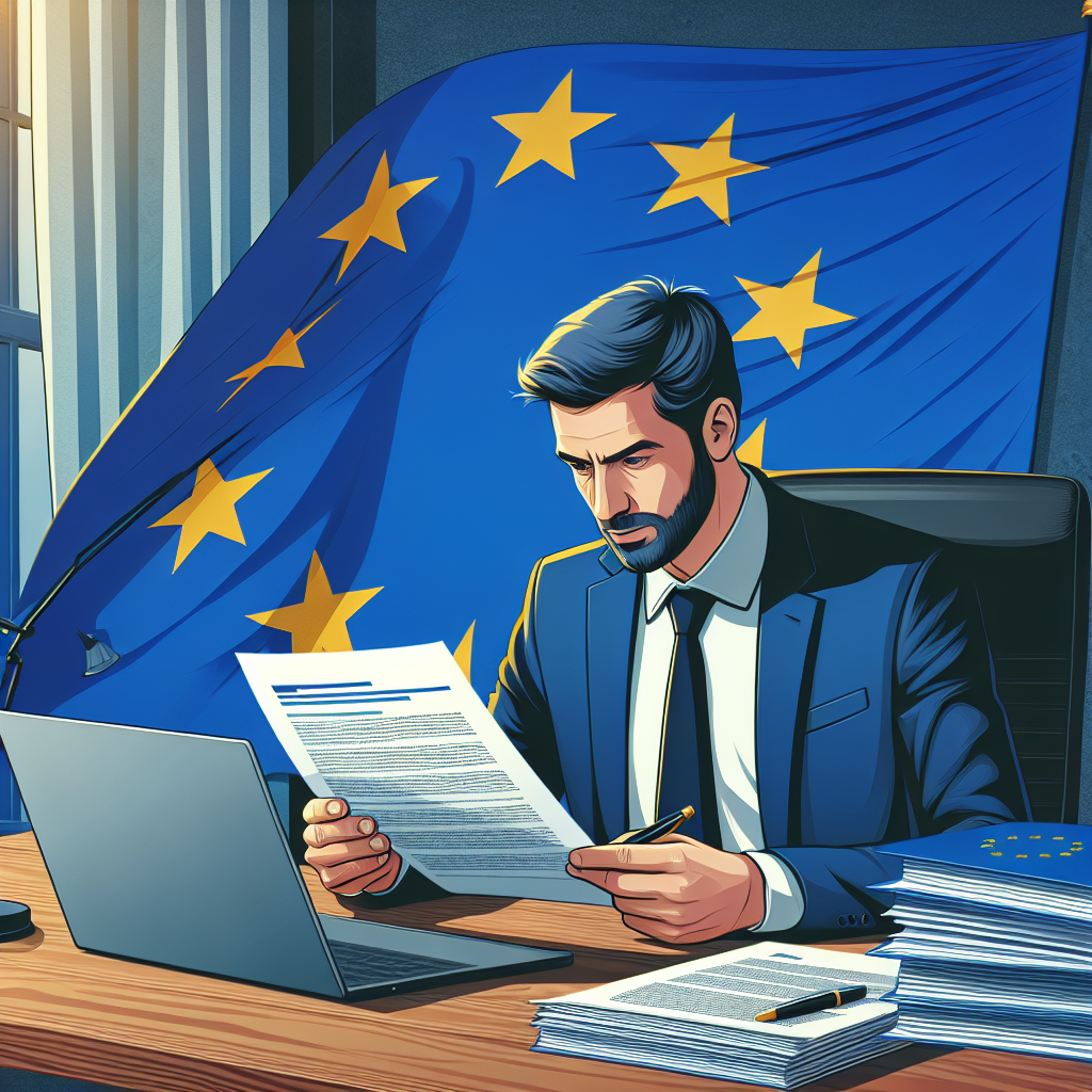 Unternehmer prüft Compliance-Dokumente und Verträge am Laptop, EU-Flagge im Hintergrund.