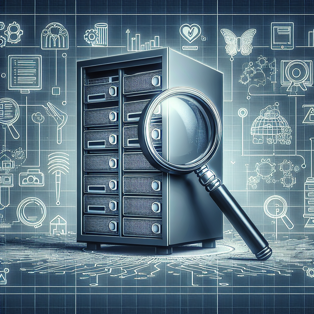 Serverrack mit Lupensymbol und Audit-Icons, Symbol für digitale Betriebsprüfung und Datenhoheit