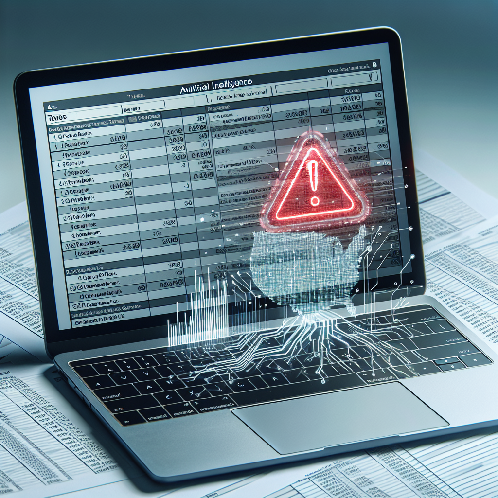 Laptop zeigt Steuerdaten mit KI‑Alarmmarkierung, rote Flagge für Verluste