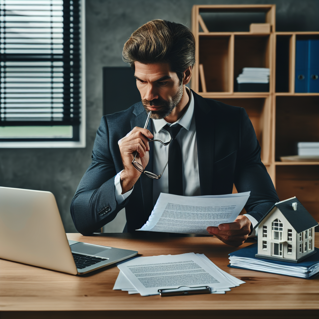 Geschäftsmann am Schreibtisch mit Laptop, Vertragsdokumenten und Modellhaus für Vermögenssicherung