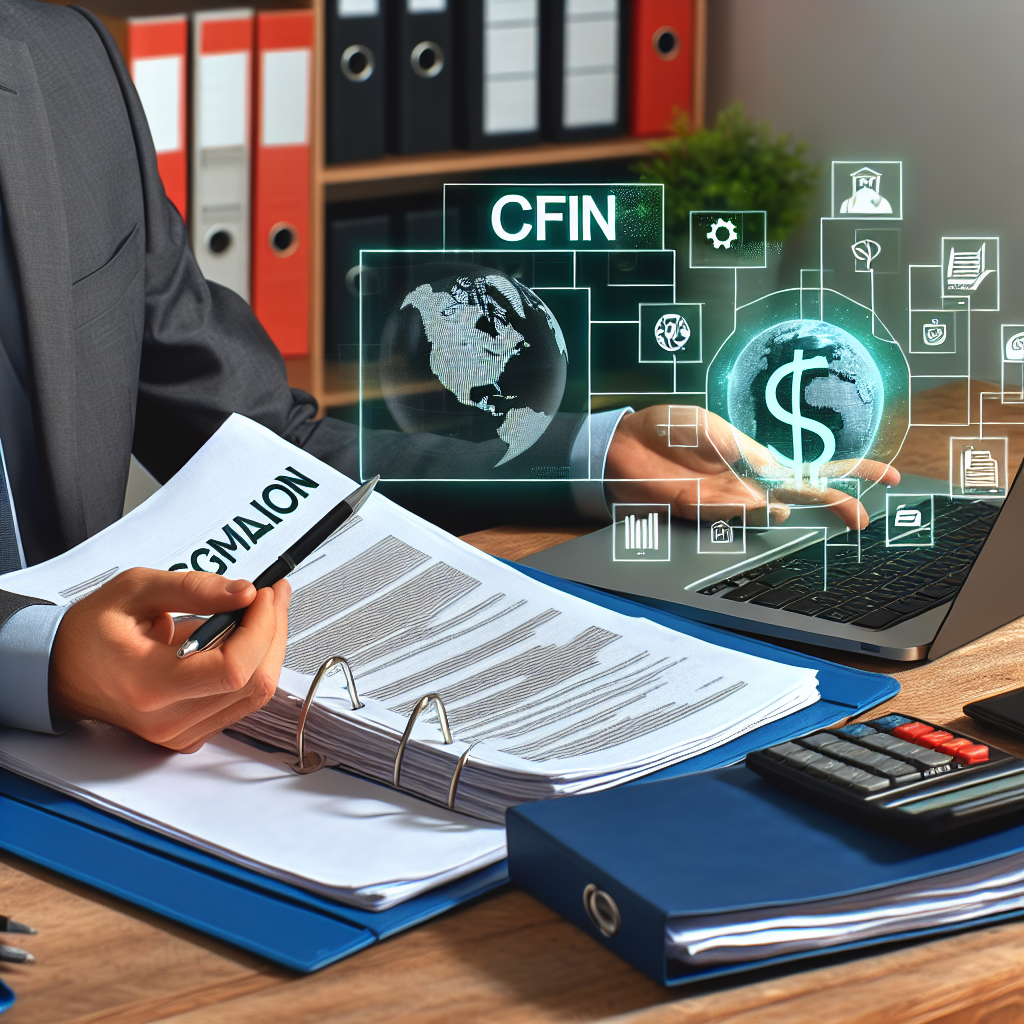 Person am Schreibtisch prüft Compliance-Dokumente mit Laptop und Ordnern, Schlagworte CFIN und ESG sichtbar