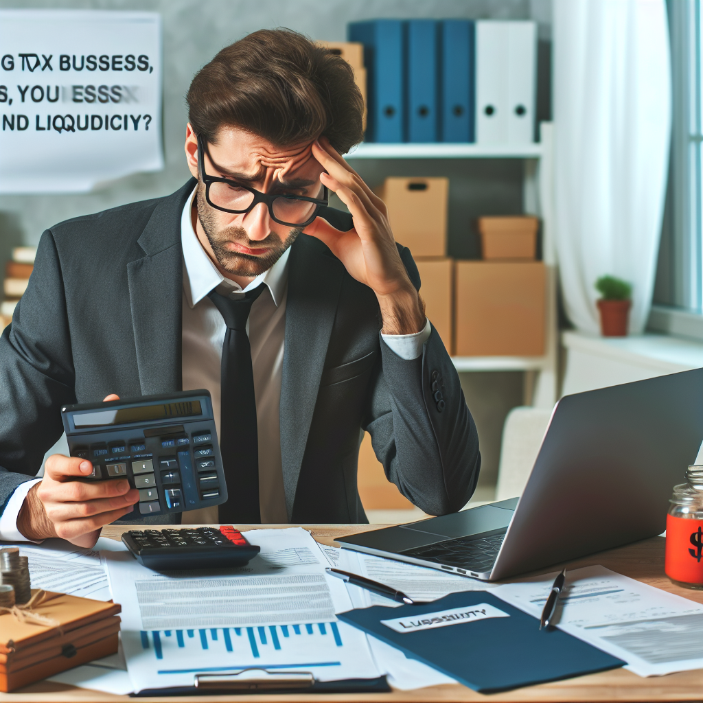 Unternehmer am Schreibtisch mit Steuerunterlagen, Laptop und Taschenrechner, besorgt um steigende Steuerlast und Liquidität