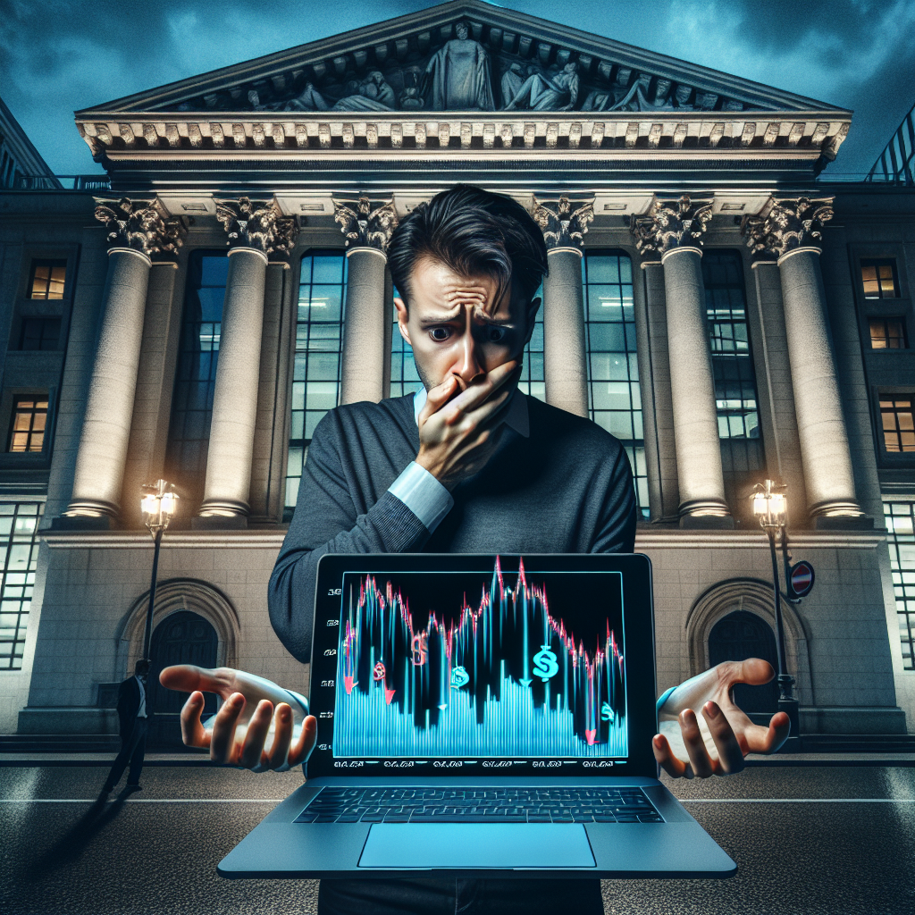 Besorgter Unternehmer vor Bankfassade mit fallenden Finanzdiagrammen auf Laptopbildschirm