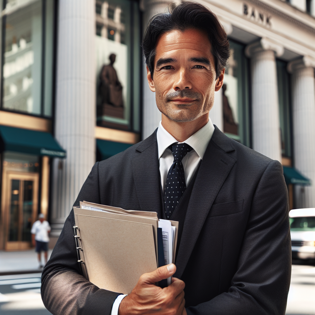 Mittelständischer Unternehmer mit Akten vor Bankgebäude