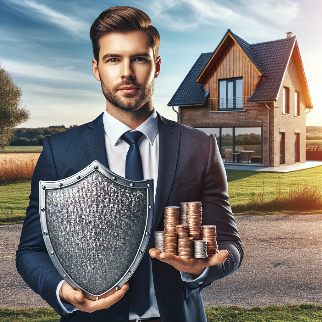 Geschäftsmann hält Schild vor Haus und Münzstapel als Haftungsschutz