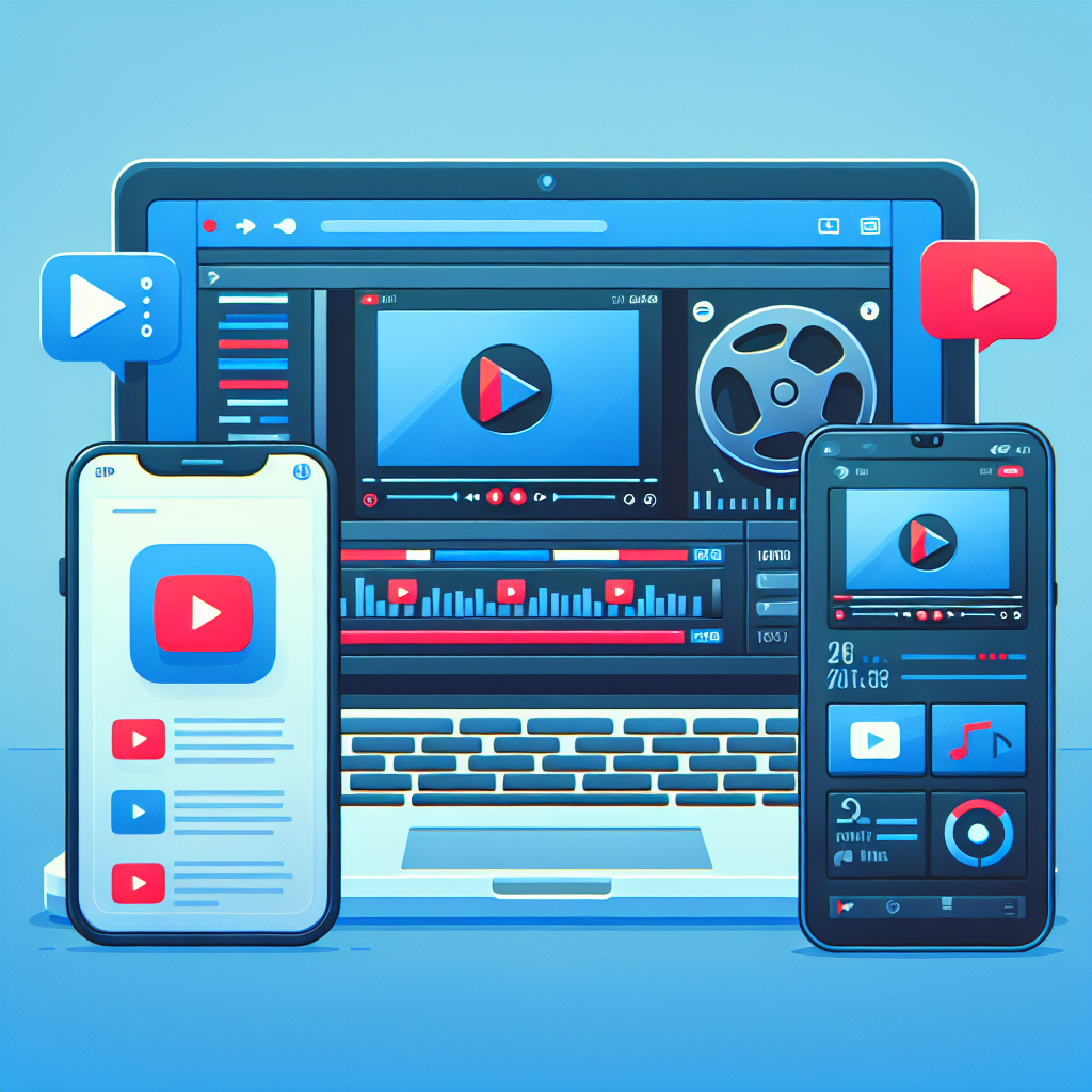 Laptop mit geöffnetem Video‑Editor, Smartphone zeigt Hochformat‑Clip und YouTube/TikTok-Icons