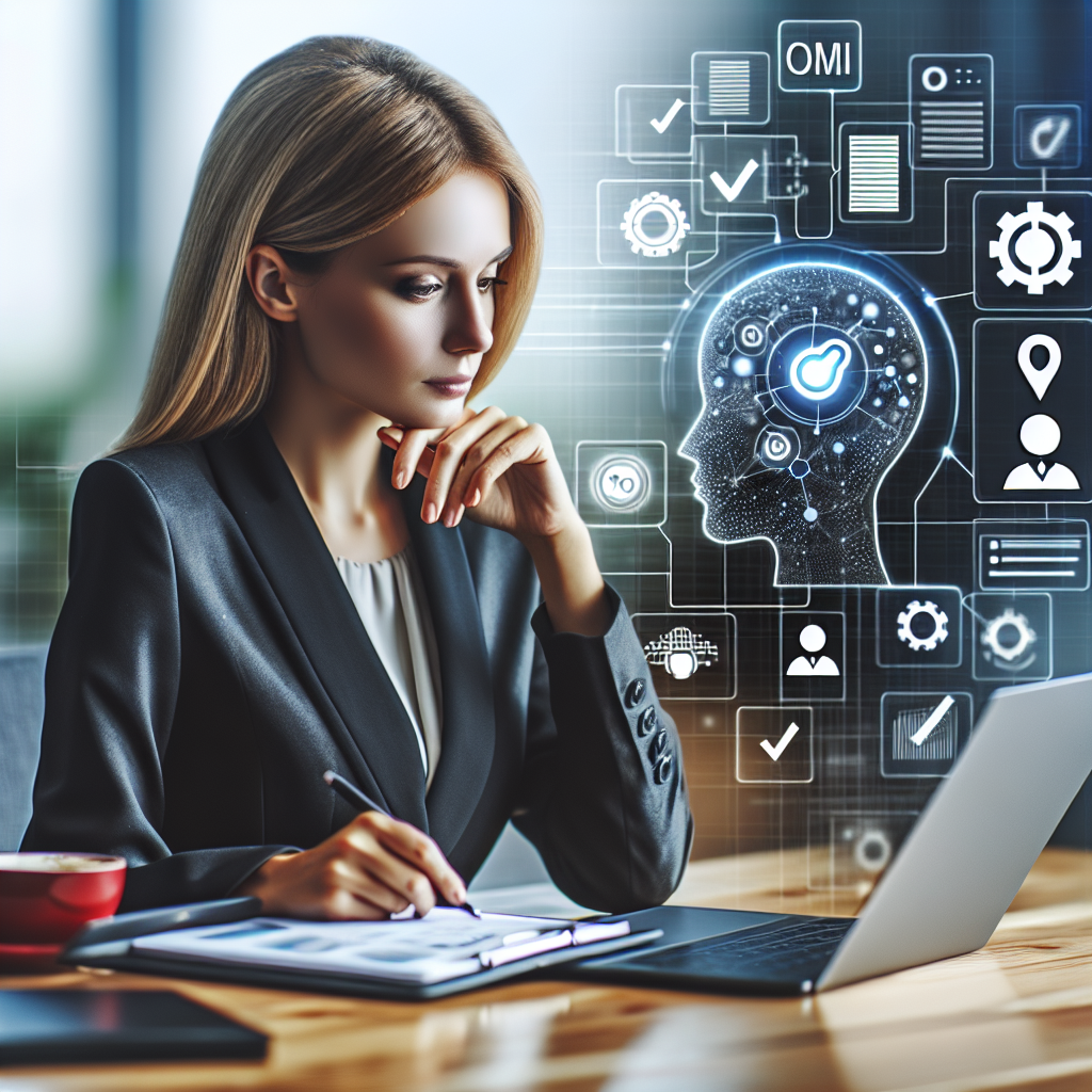 Frau am Laptop, Bildschirm zeigt KI-Icons, Compliance-Checkliste und Diagramme