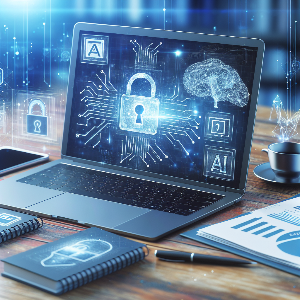 Laptop mit KI-Icon, Vorhängeschloss-Symbol und Geschäftsdokumenten