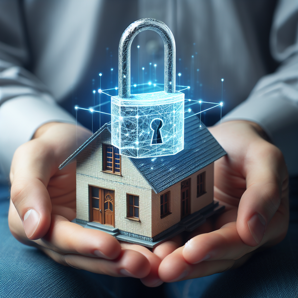 Hausmodell in Händen, digitales Vorhängeschloss symbolisiert Eigentumsschutz