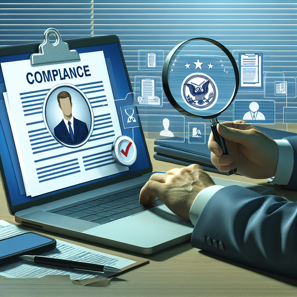 Geschäftsperson prüft Unternehmensdokumente am Laptop mit Vergrößerungsglas und Schildsymbol für Compliance