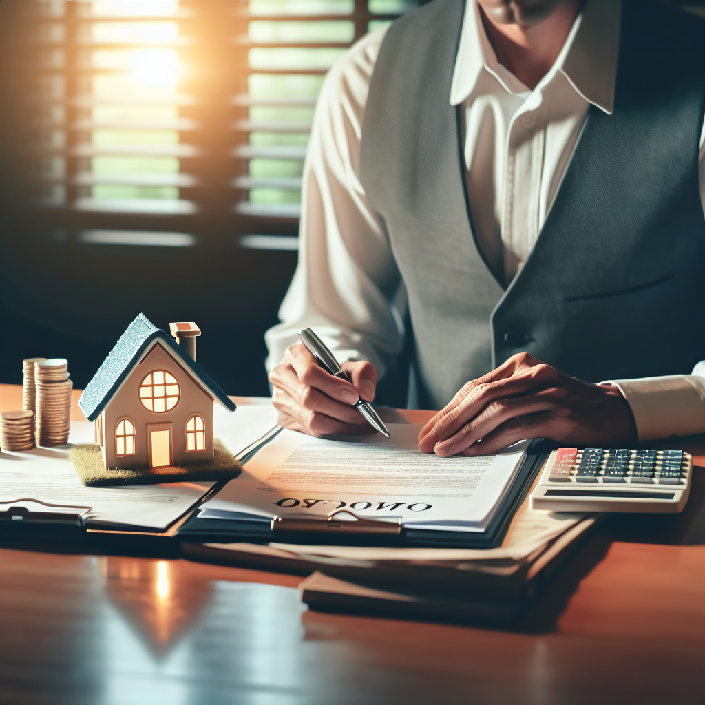 Ein Eigentümer am Tisch mit Hausmodell, Verträgen und Taschenrechner prüft Vermögensunterlagen