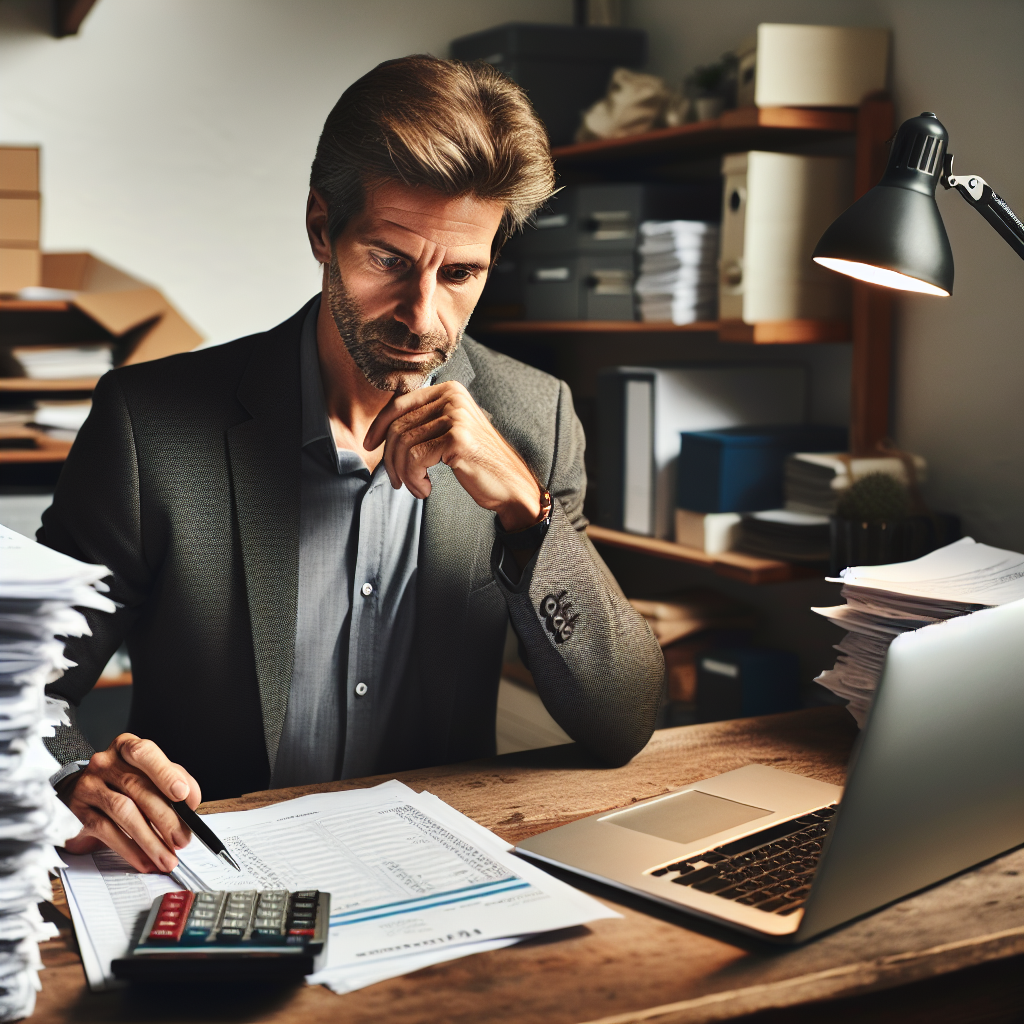 Kleiner Unternehmer prüft Rechnungen am Schreibtisch mit Laptop und Taschenrechner