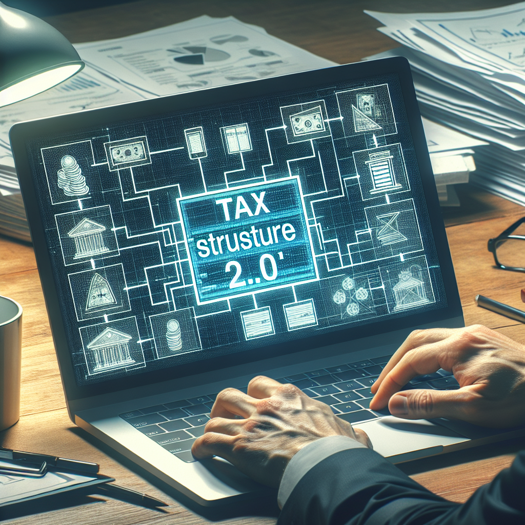 Systemarchitekt am Laptop mit Organigram, Akten und 'Steuerstruktur 2.0' auf Bildschirm